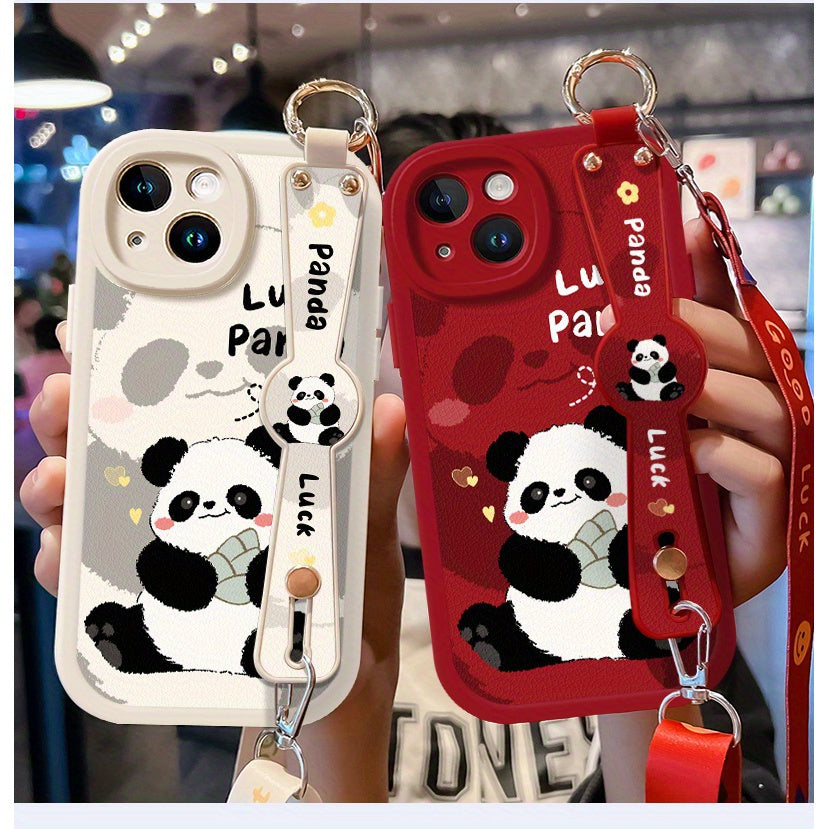 Cartoon Panda Mobile Phone Case iPhone15pro Mobile Phone Case 14 Hanging Neck Full Protection iphone13 Can Be Carried Faux Leather Anti-fall Super Soft Mobile Phone Protection Case Suitable for iPhone 13/14/14/16 Series Cute